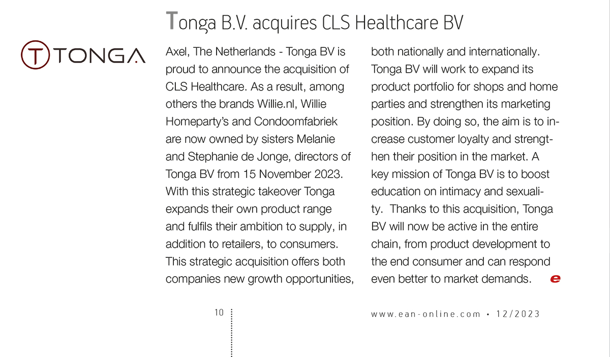 2023-12 EAN - Tonga BV acquires CLS Healthcare BV